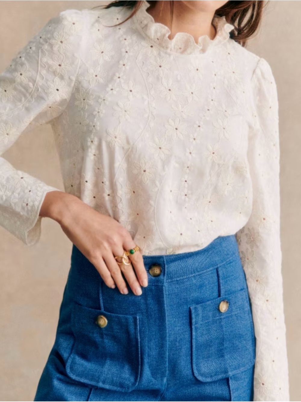 NWT Sézane Women's White Eyelet Ruffle-Neck Blouse